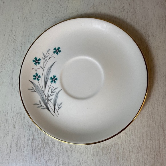 Vintage Other - Vintage Teal Blue‎ Floral White Ceramic Saucer Gold Rim Unmarked Replacement